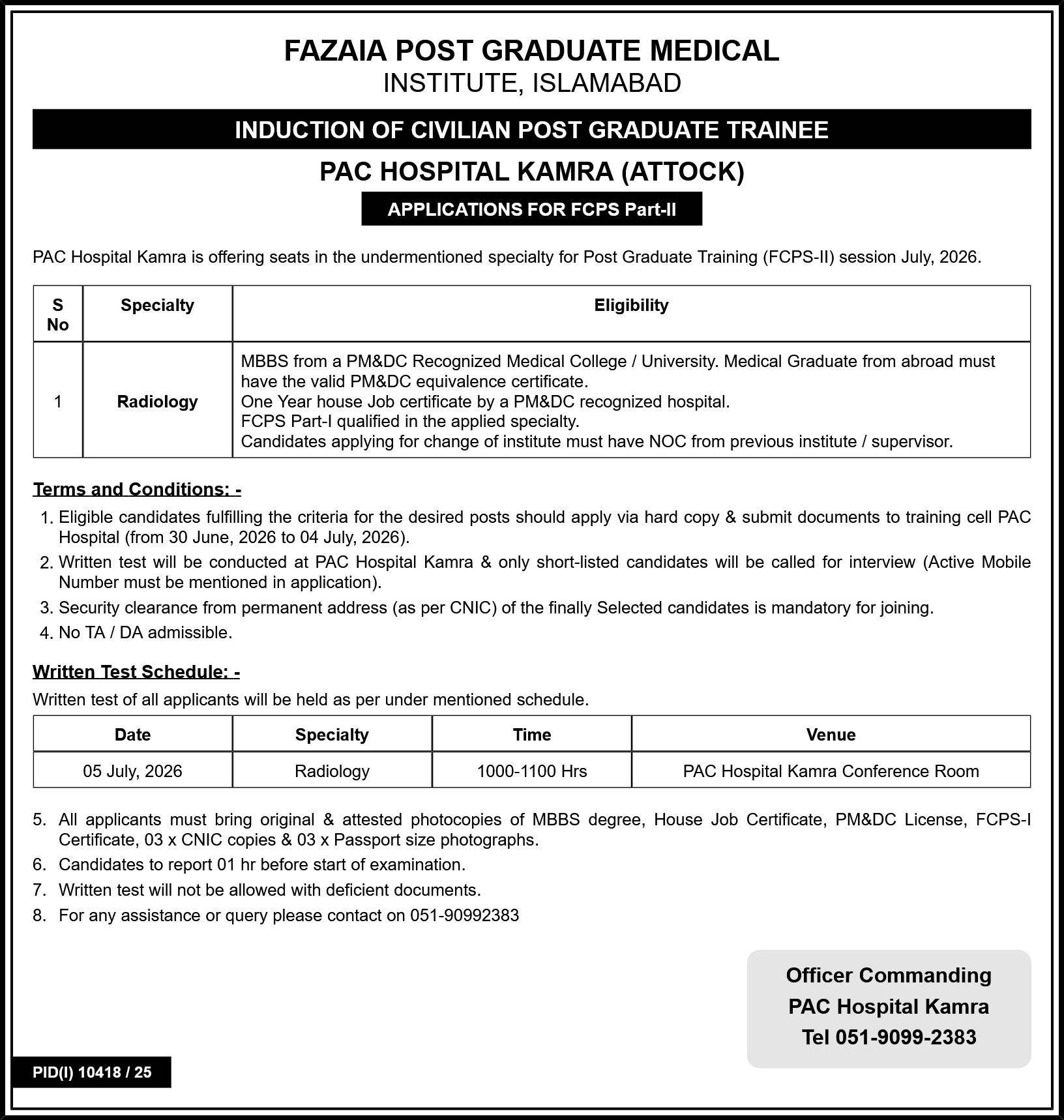 Fazaia Post Graduate Medical Institute (PGMI) / PAC Hospital Kamra Jobs 2026 Advertisement