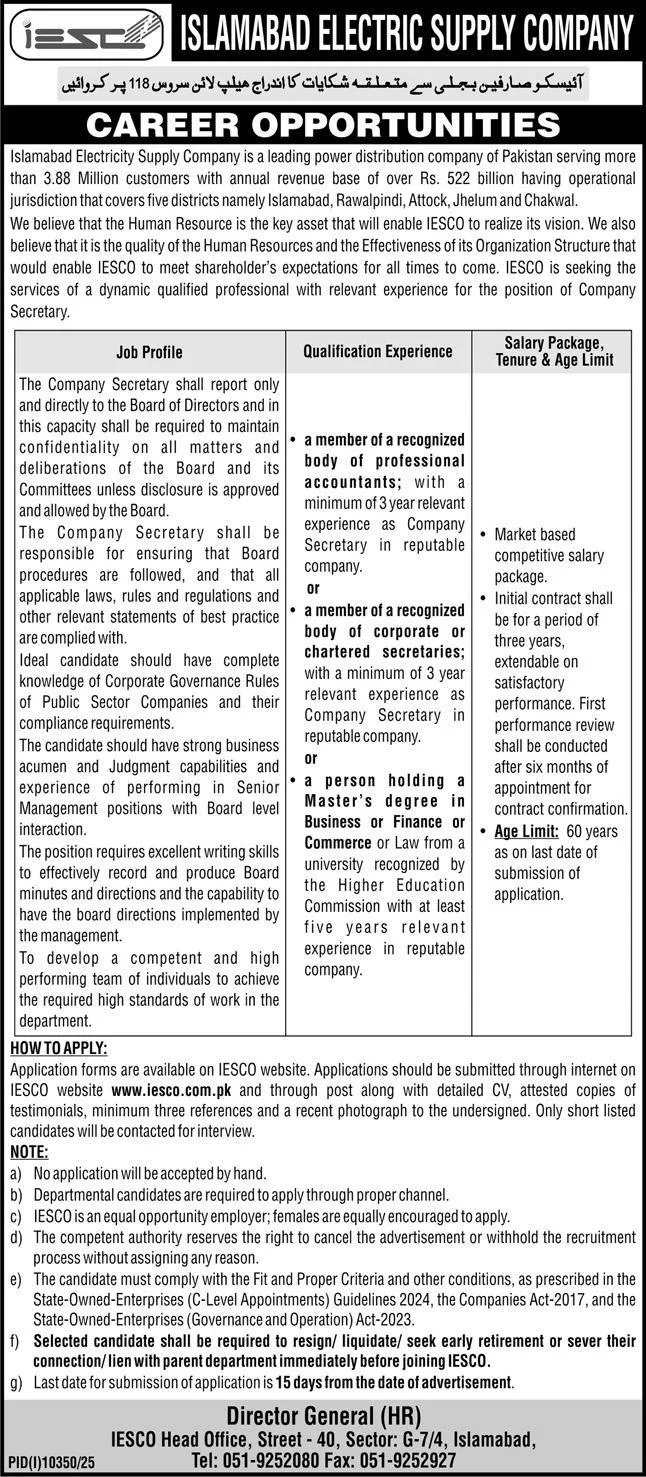 Islamabad Electric Supply Company (IESCO) Jobs 2026 Advertisement