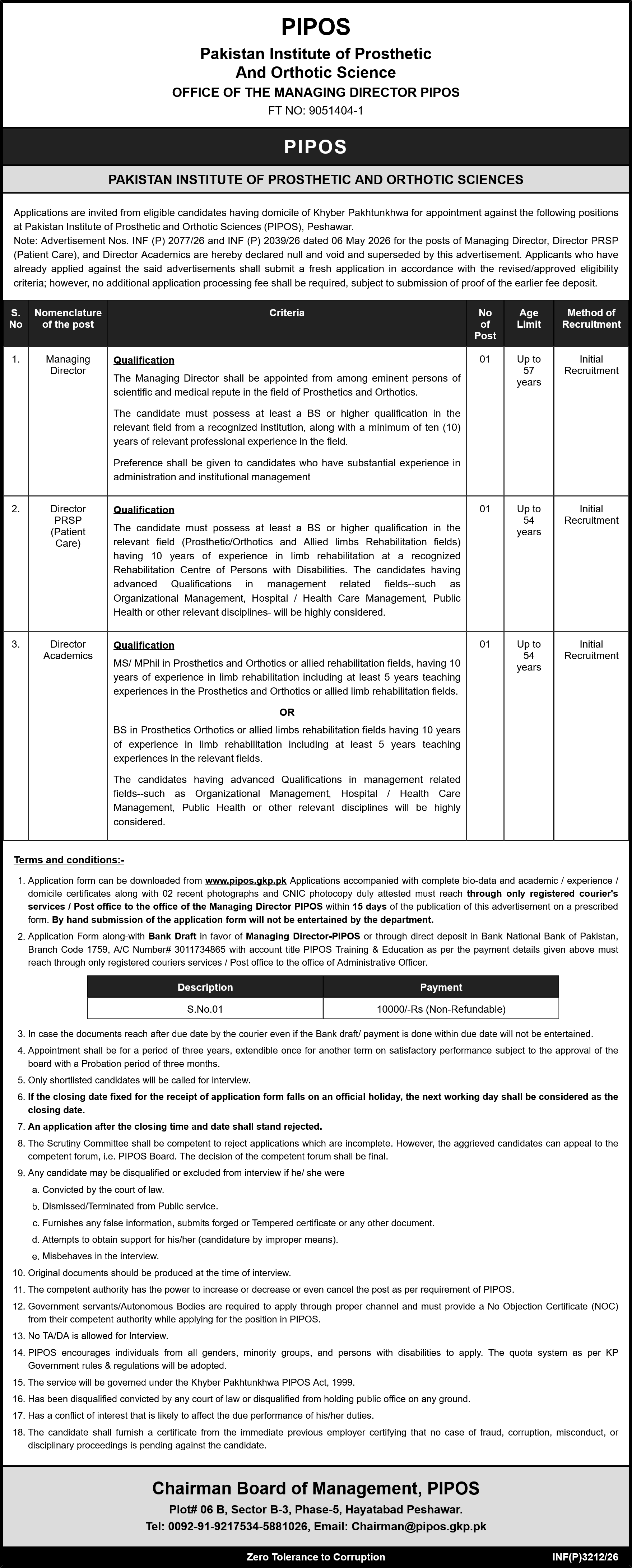 Pakistan Institute of Prosthetic and Orthotic Sciences (PIPOS) Jobs 2026 Advertisement