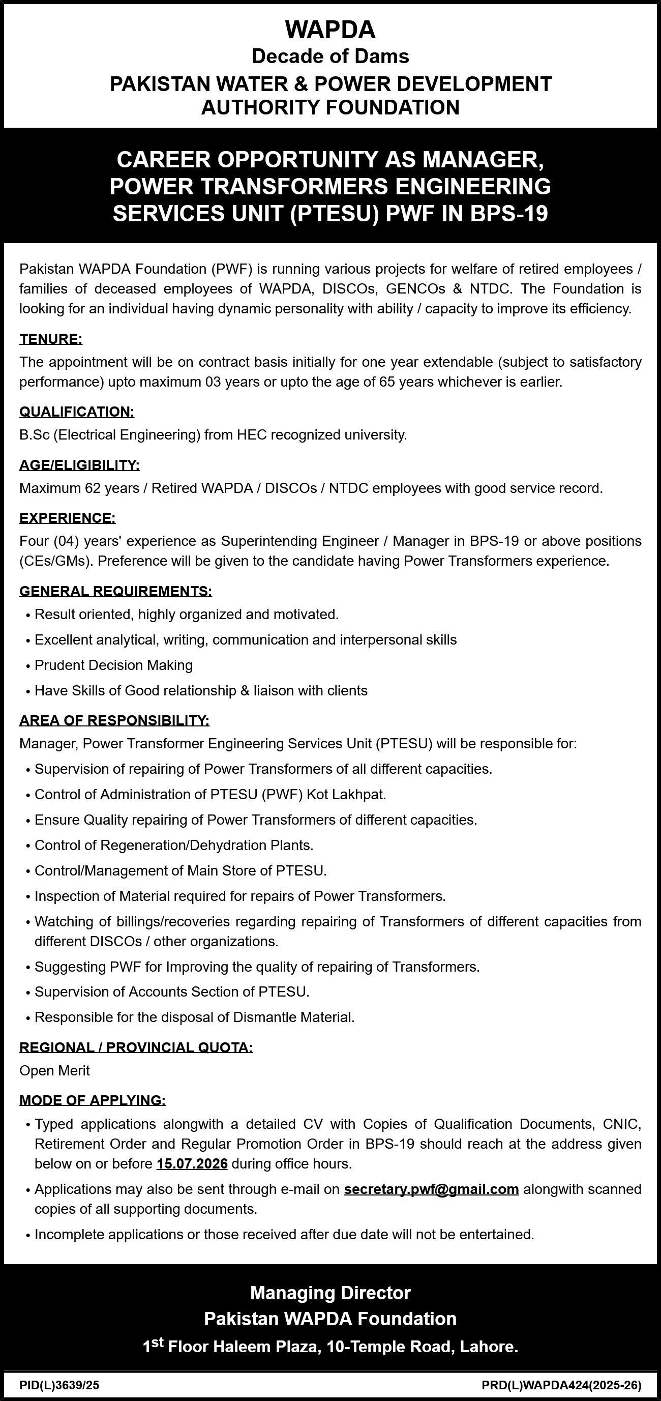 Pakistan Water & Power Development Authority Foundation (WAPDA) Jobs 2026 Advertisement