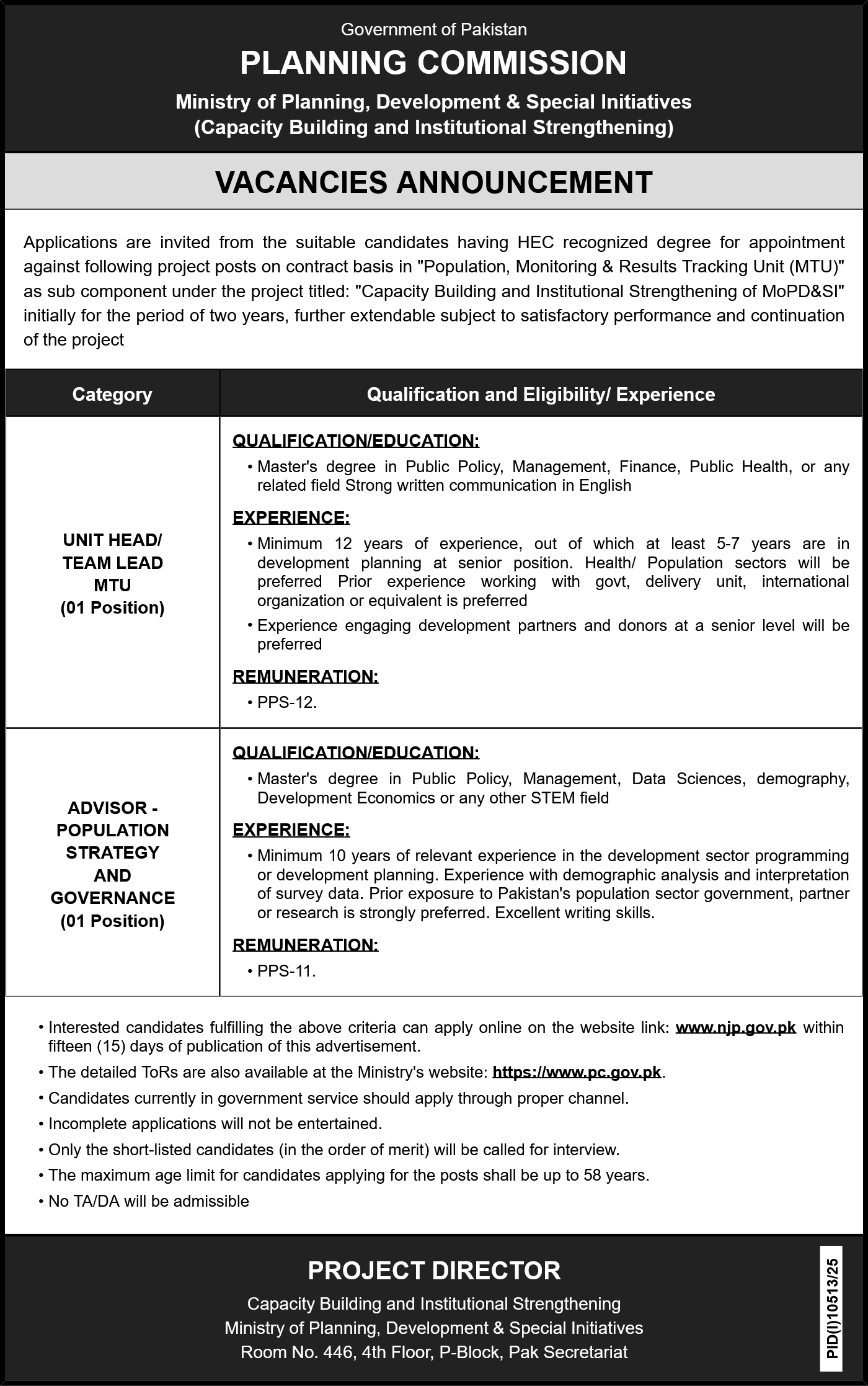 Planning Commission, Ministry of Planning, Development & Special Initiatives Jobs 2026 Advertisement