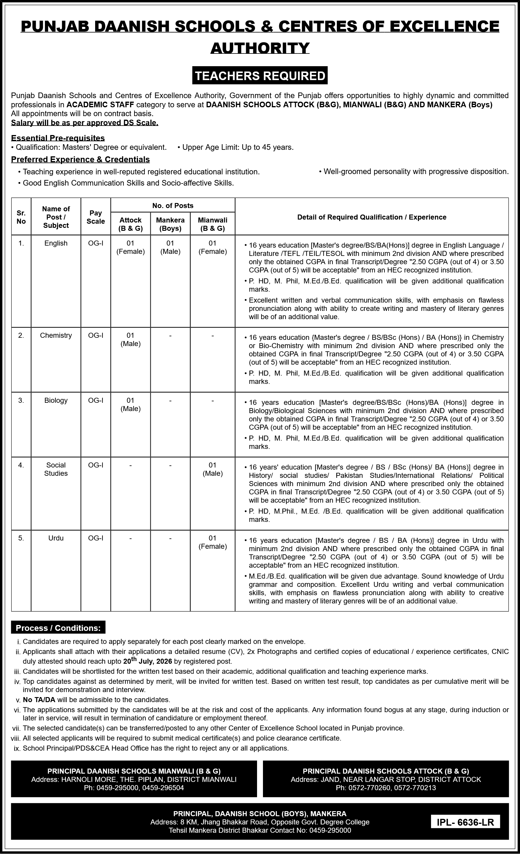 Punjab Daanish Schools & Centres of Excellence Authority Jobs 2026 Advertisement