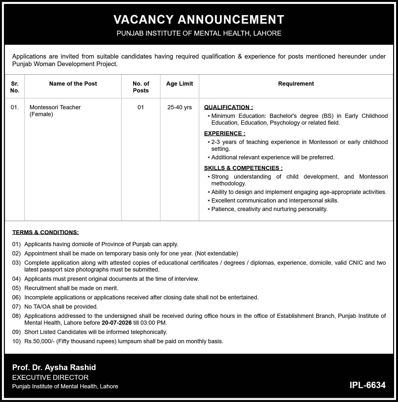 Punjab Institute of Mental Health, Lahore Jobs 2026 Advertisement