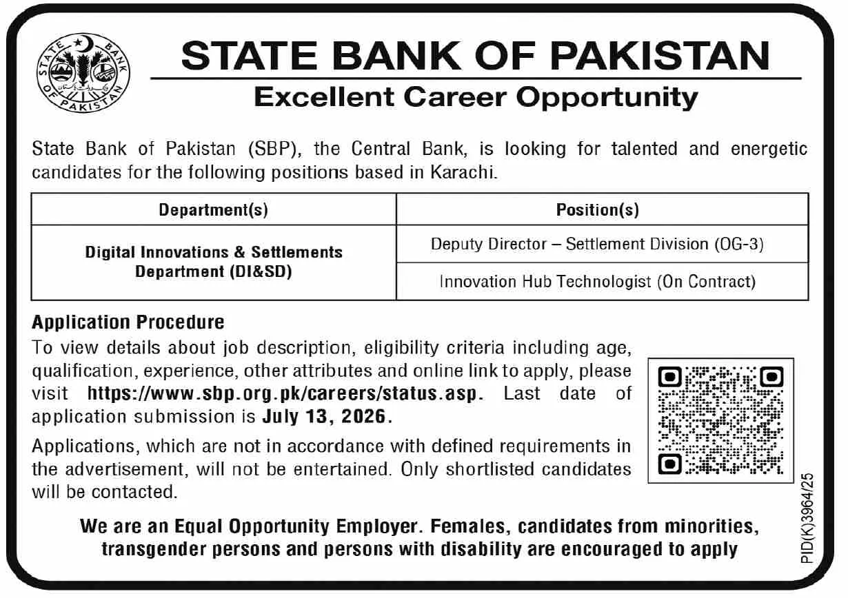 State Bank of Pakistan (SBP) Jobs 2026 Advertisement