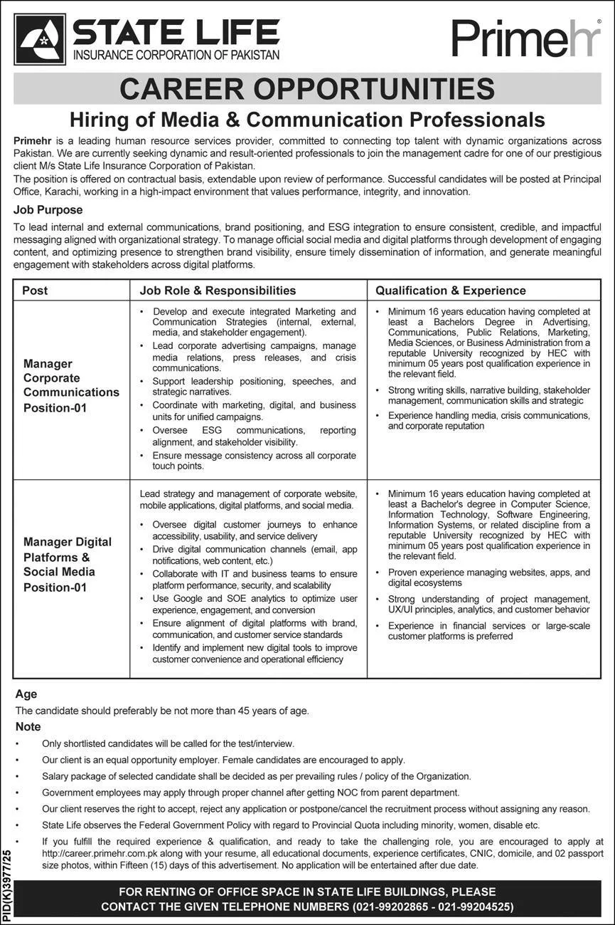 State Life Insurance Corporation of Pakistan Jobs 2026 Advertisement