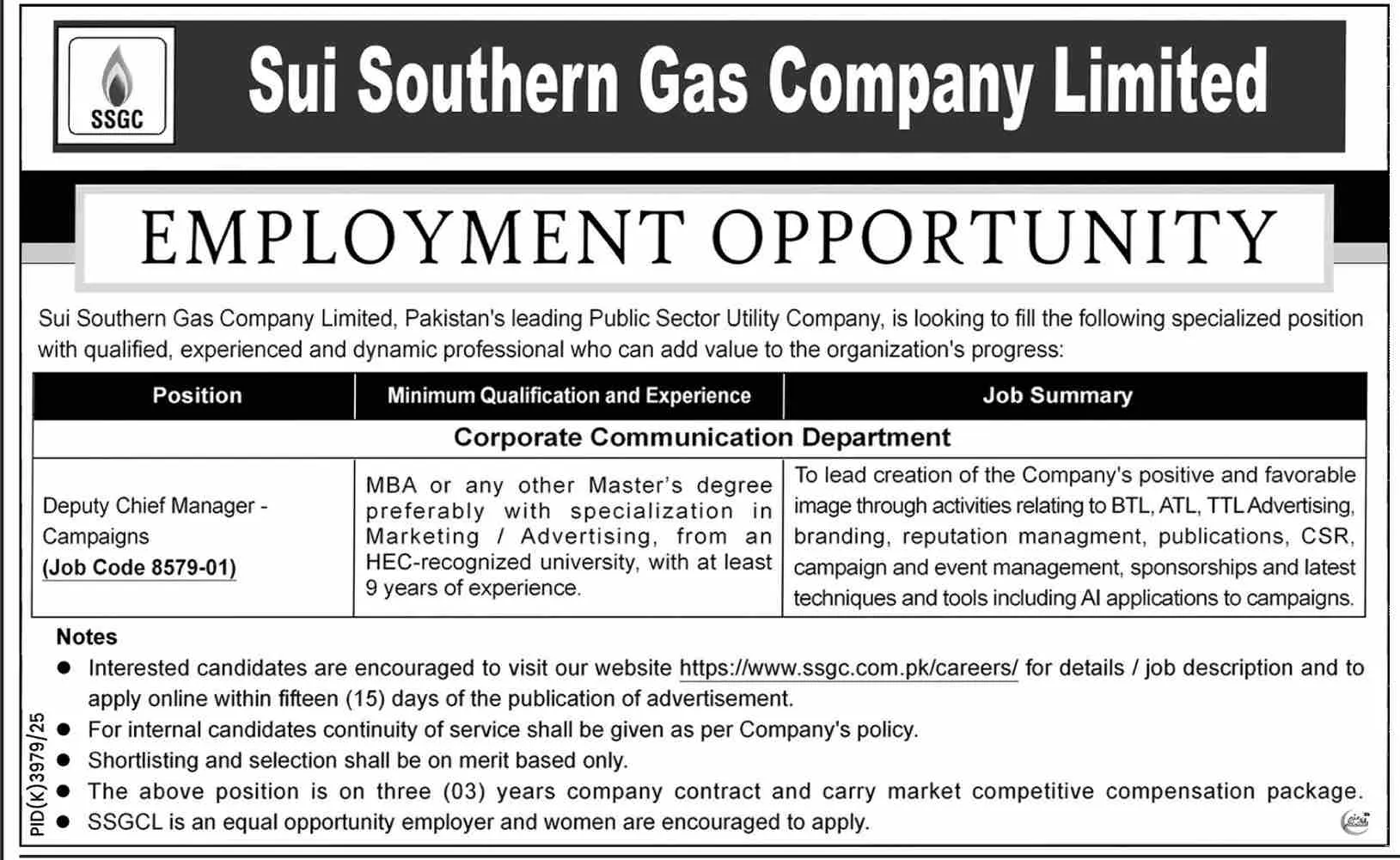 Sui Southern Gas Company Limited (SSGC) Jobs 2026 Advertisement
