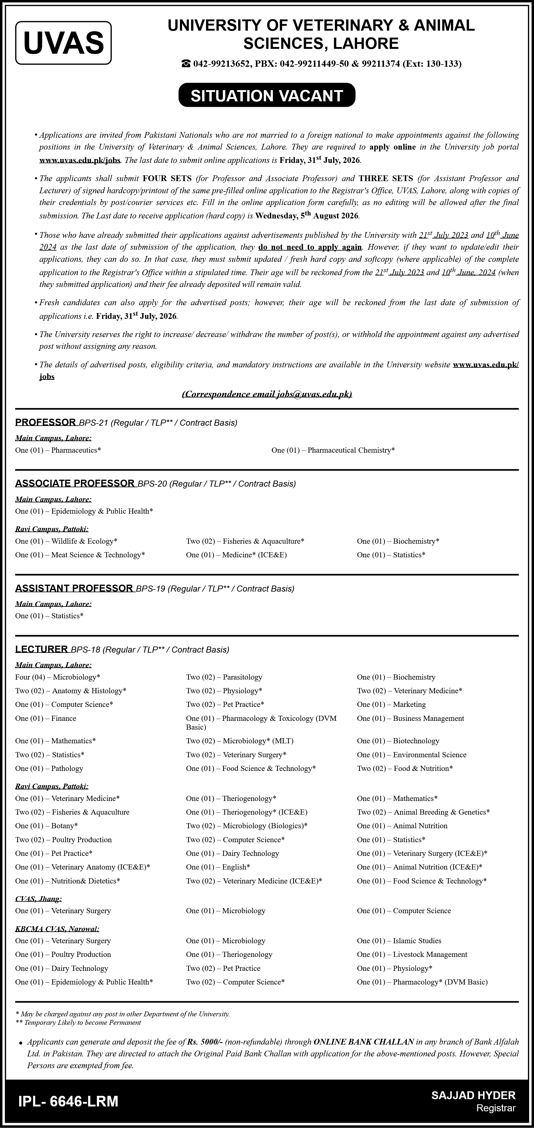 University of Veterinary & Animal Sciences (UVAS), Lahore Jobs 2026 Advertisement