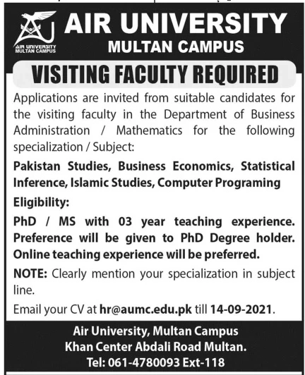 Air University AU Islamabad Jobs 2021 Latest - www.au.edu.pk