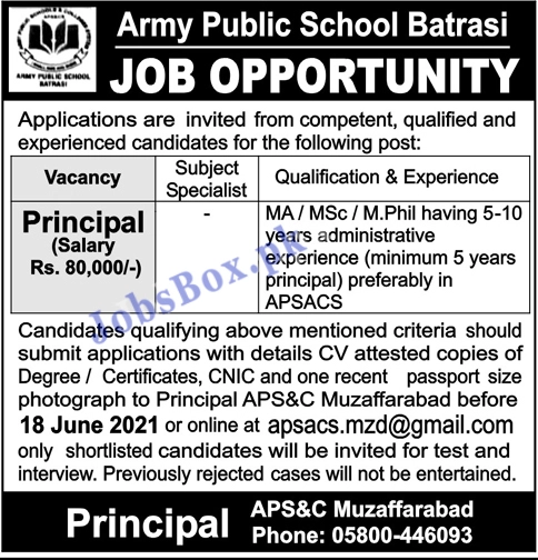 Army Public School Batrasi Muzaffarabad Jobs 2021
