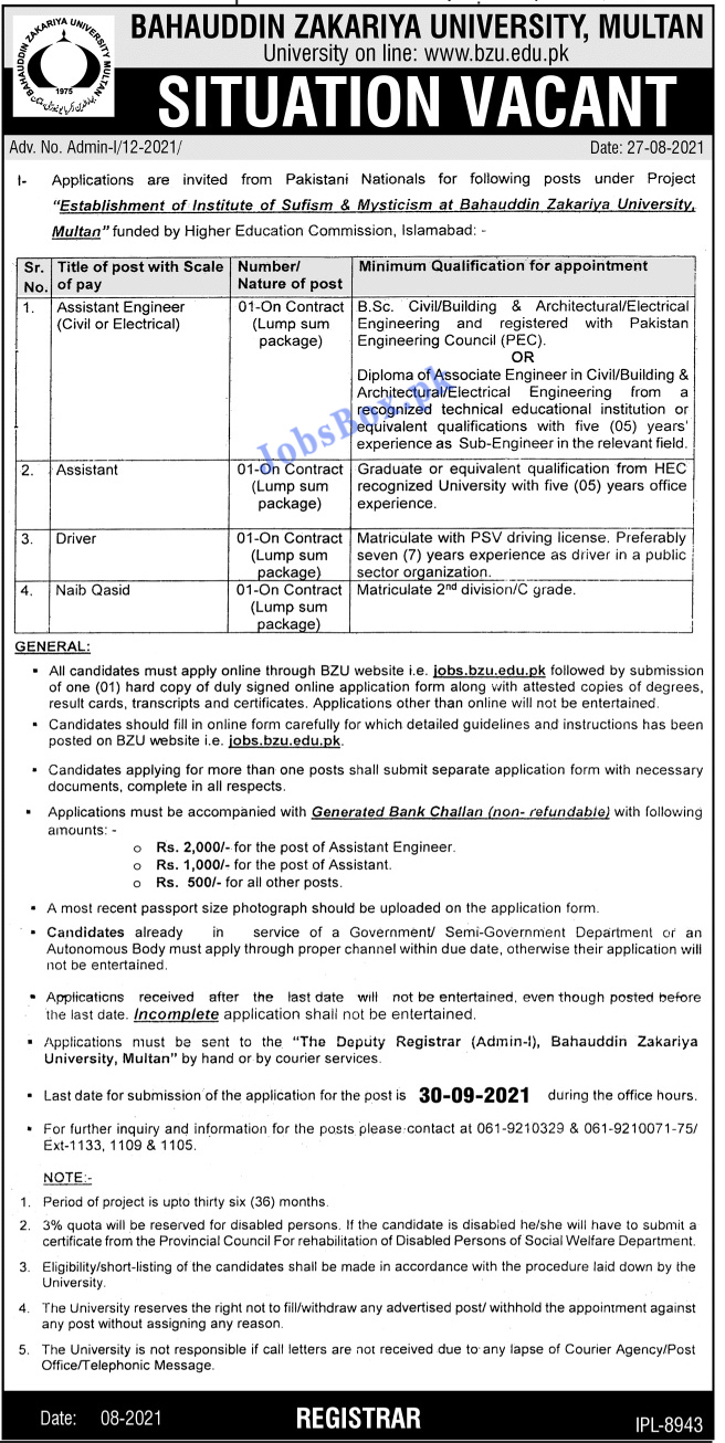 Bahauddin Zakariya University BZU Multan Jobs 2021 - Jobs.bzu.edu.pk