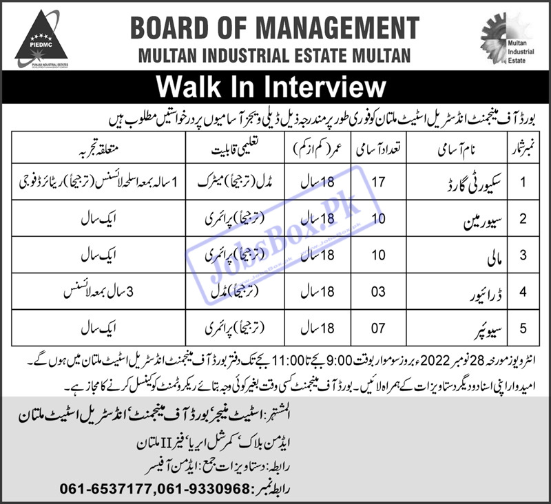 Board of Management Multan Industrial Estate Jobs 2022 Advertisement