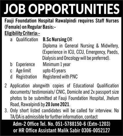 Fauji Foundation Hospital Rawalpindi Jobs 2021 - Staff Nurses Jobs