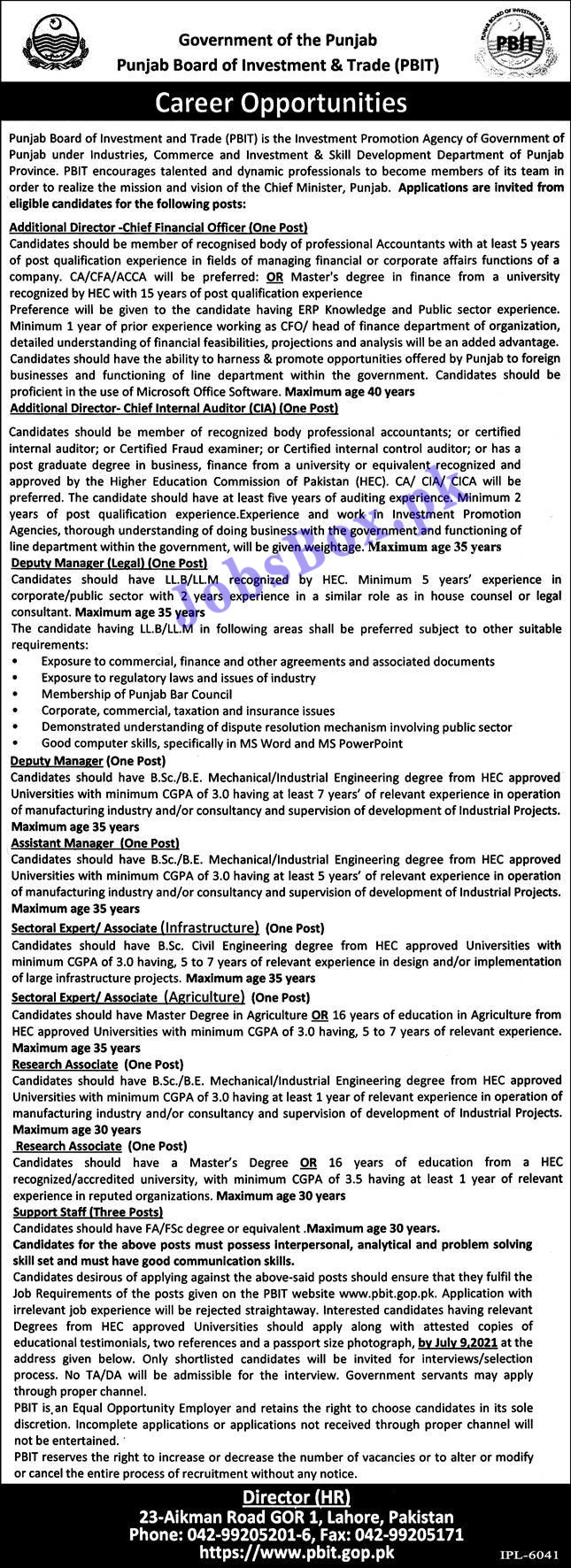 Punjab Board of Investment and Trade PBIT Jobs 2021