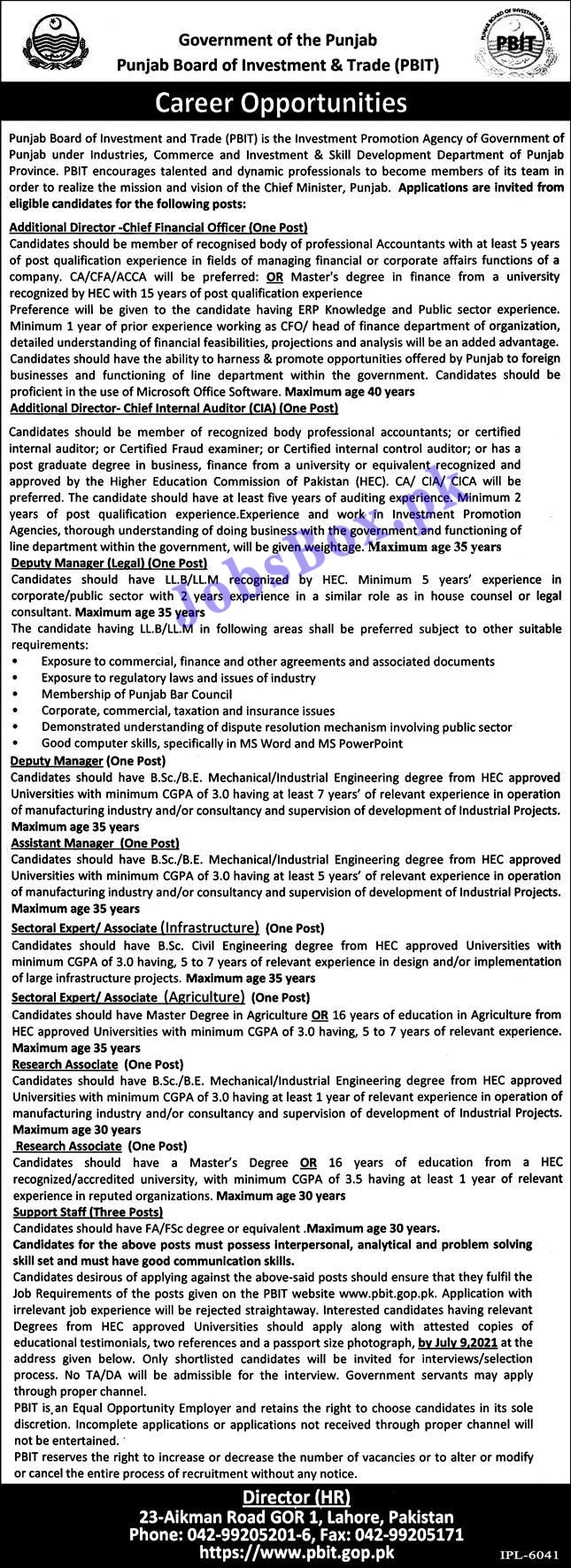 Punjab Board of Investment and Trade PBIT Jobs 2021