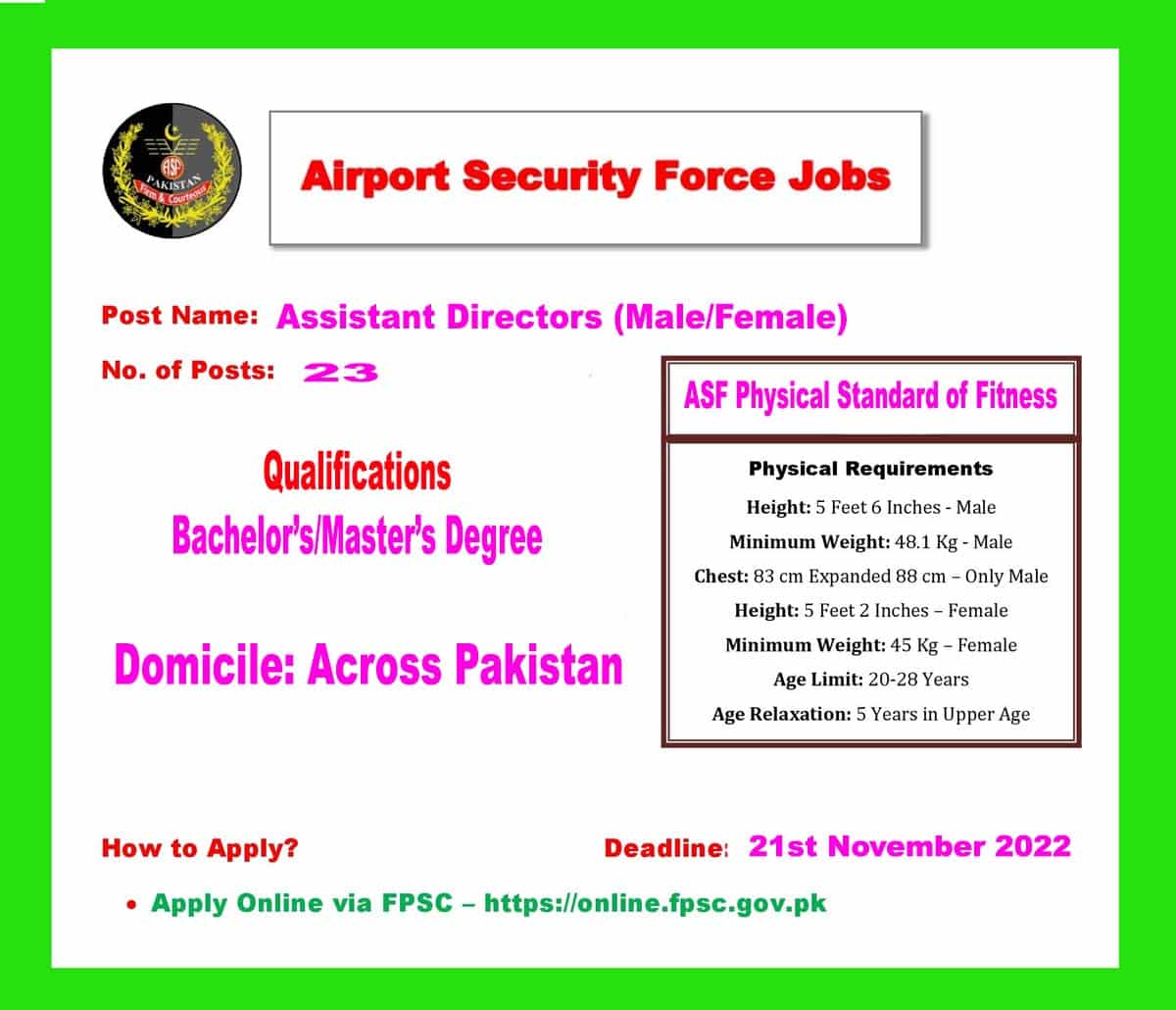 Airport Security Force ASF Jobs 2022 announced by FPSC - Online Applications