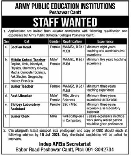 Army Public Education Institutions Peshawar Jobs 2021