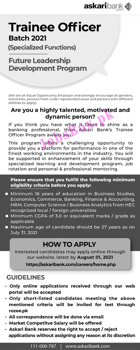 Askari Bank Trainee Officer Jobs 2021 - Apply Online via askaribank.com