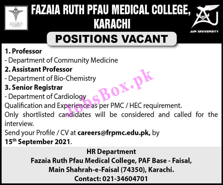 Fazaia Ruth PFAU Medical College Karachi Jobs 2021 Latest