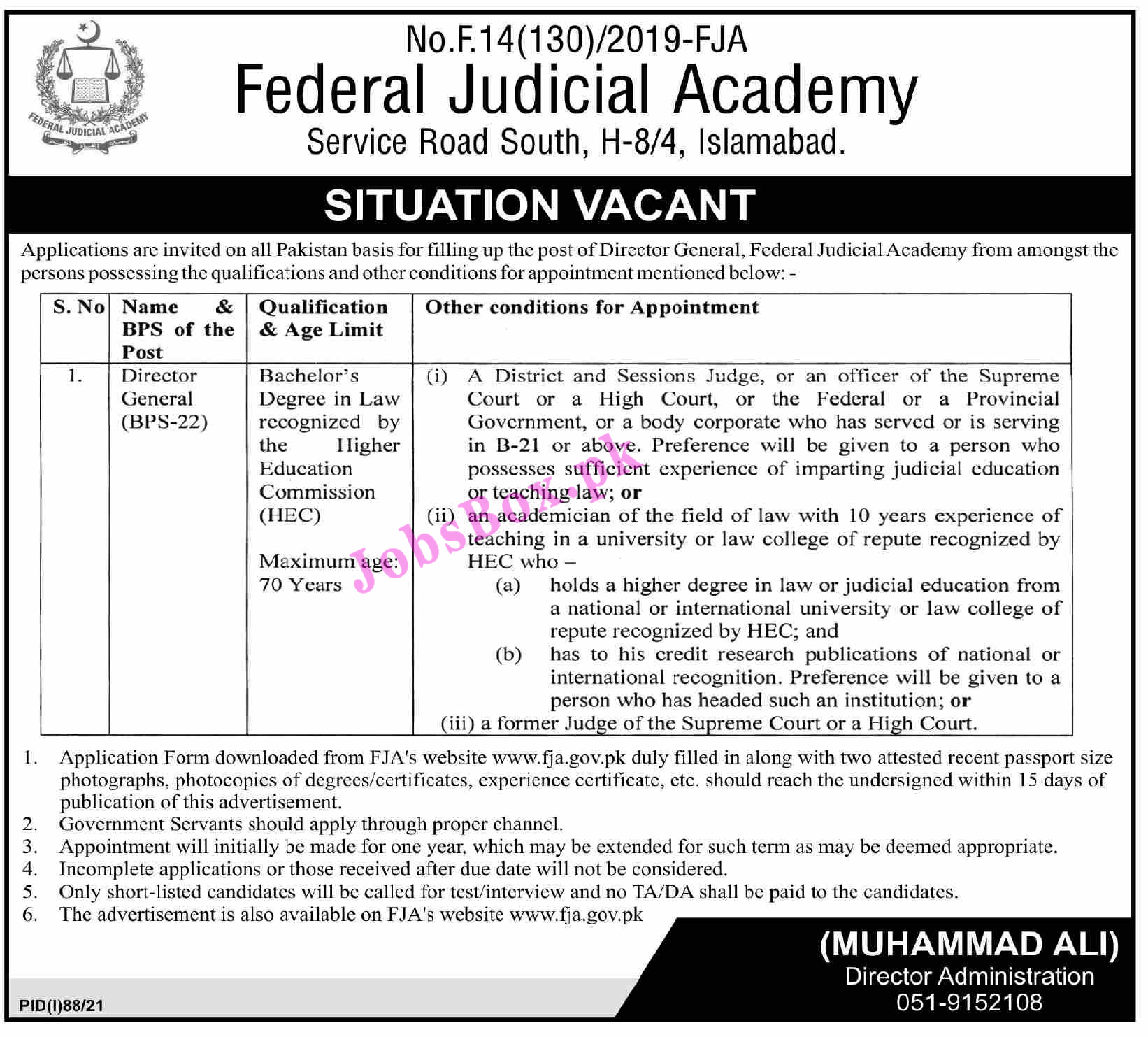 Federal Judicial Academy FJA Jobs 2021 - Application Form via www.fja.gov.pk