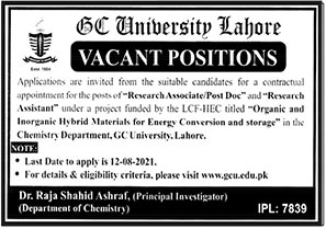 GCU Lahore Jobs Latest