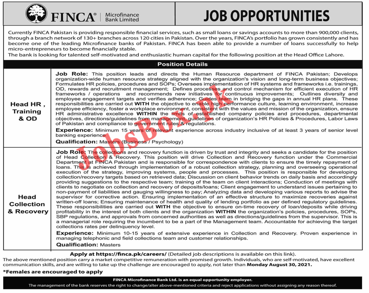 Latest FINCA Microfinance Bank Jobs 2021 - www.finca.pk