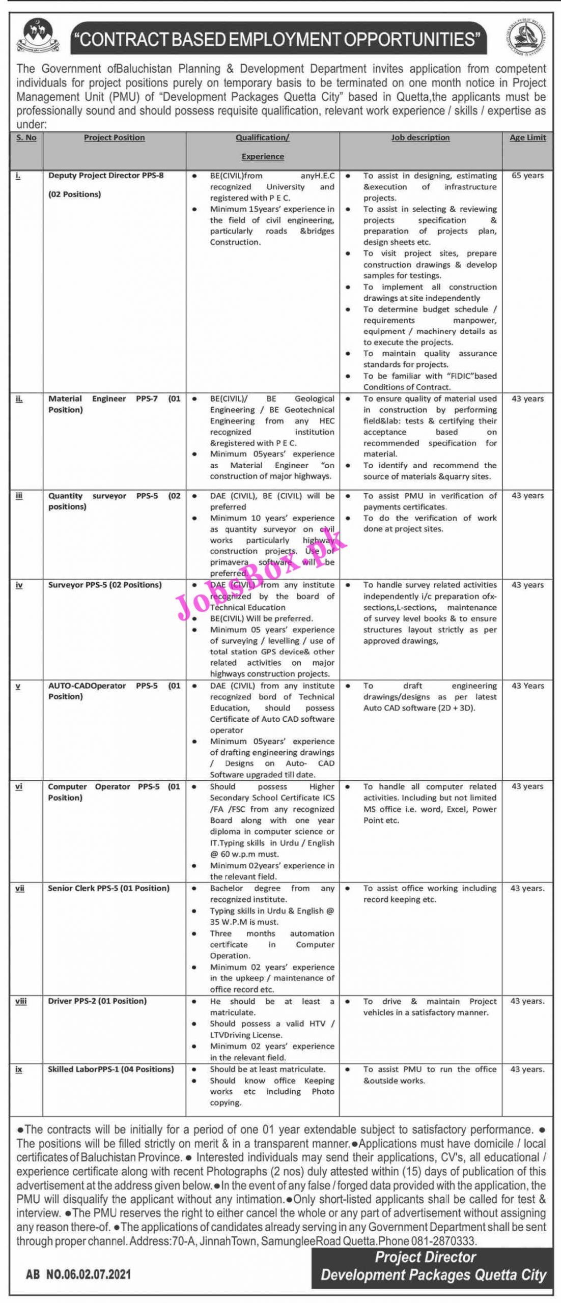 Planning & Development Department Balochistan Jobs 2021