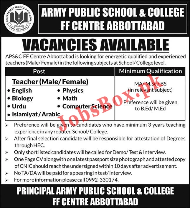 Army Public School APS & College Abbottabad Jobs 2021