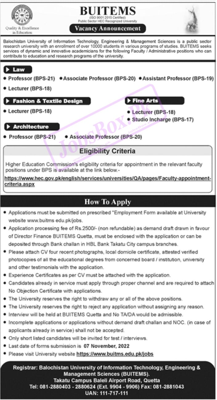 BUITEMS Jobs October 2022 - Apply via www.buitms.edu.pk