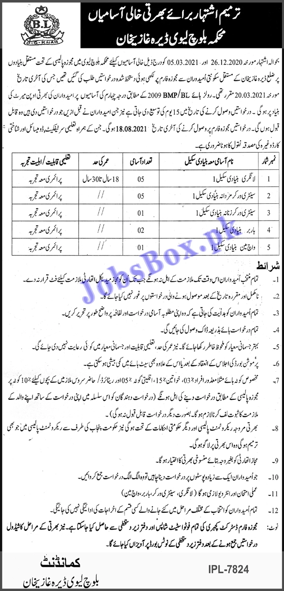 Baloch Levy Dera Ghazi Khan Jobs 2021 - BPS-01 Recruitment