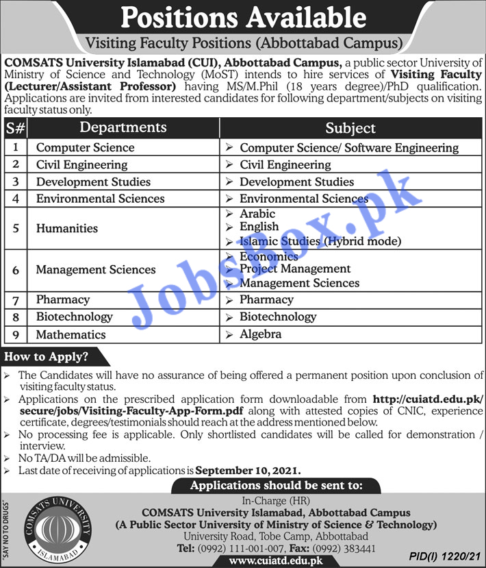 COMSATS University Islamabad CUI Abbottabad Campus Jobs 2021
