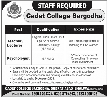 Cadet College Sargodha Jobs 2021 - Teachers Jobs