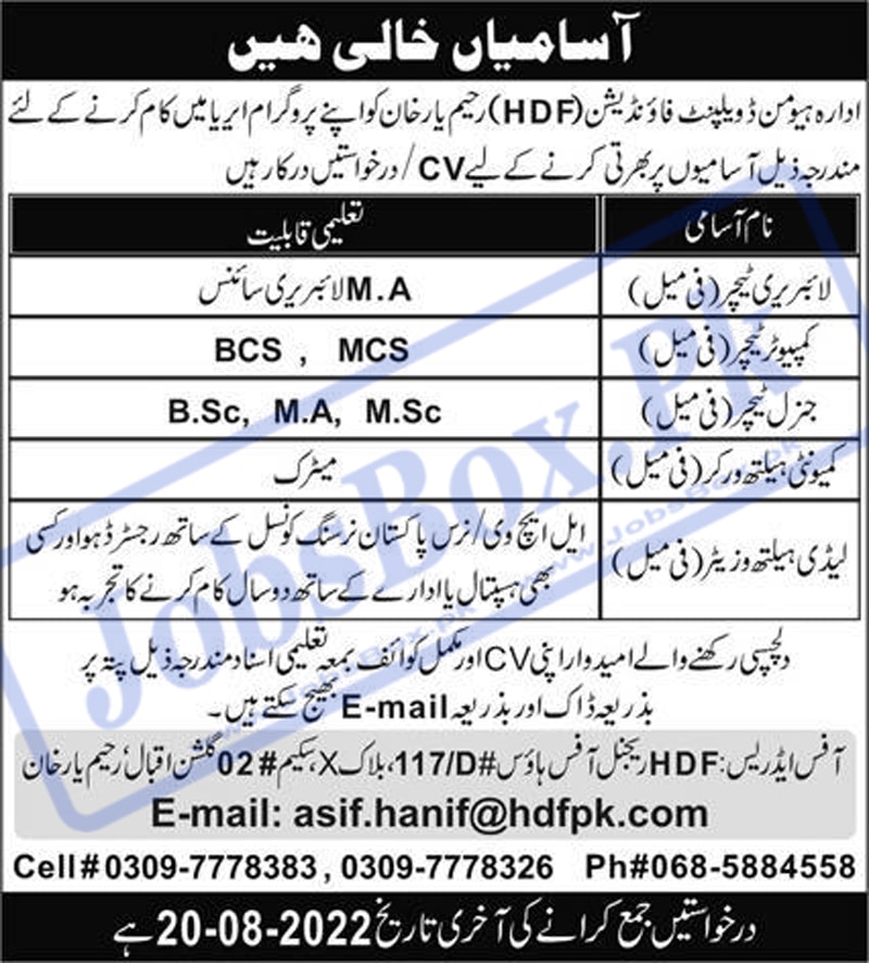 Human Development Foundation HDF Rahim Yar Khan Jobs 2022