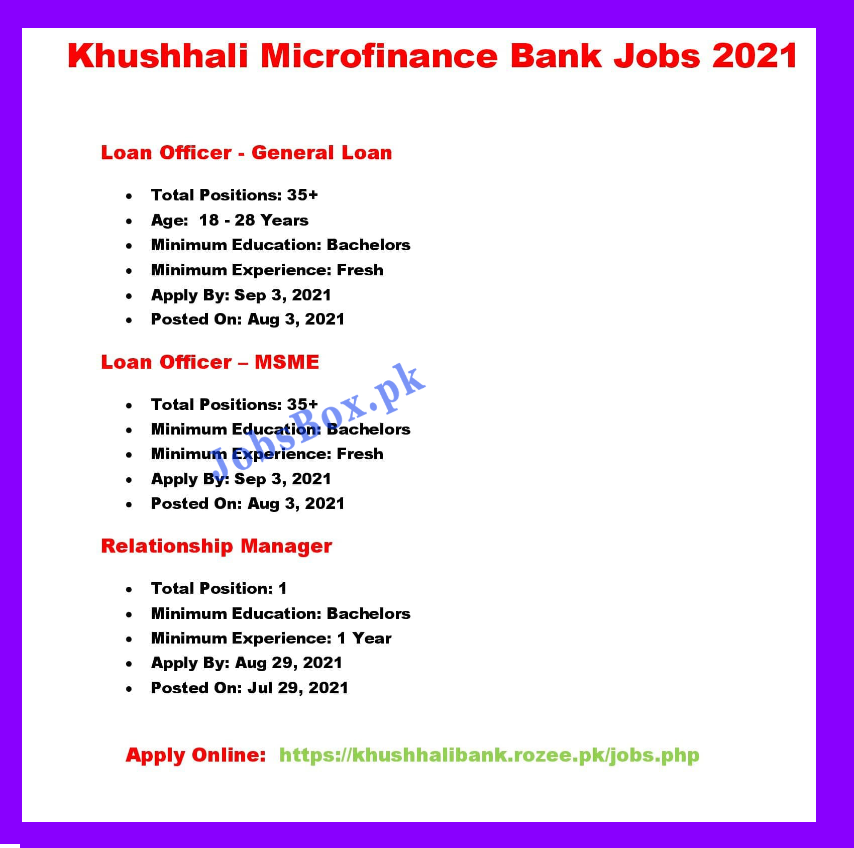 Khushhali Microfinance Bank Jobs 2021 Apply Online