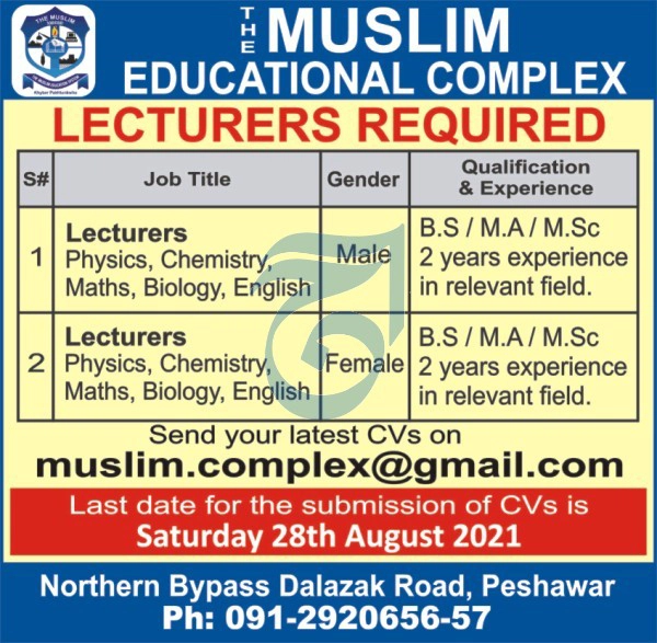 Muslim Educational Complex Peshawar Jobs 2021