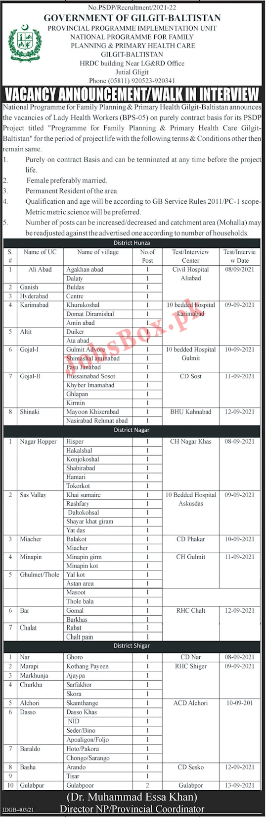 National Program for Family Planning & Health Gilgit Baltistan Jobs 2021