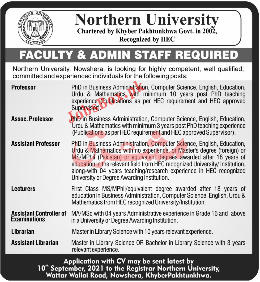 Northern University Nowshera Jobs 2021 - Faculty & Admin Staff Jobs
