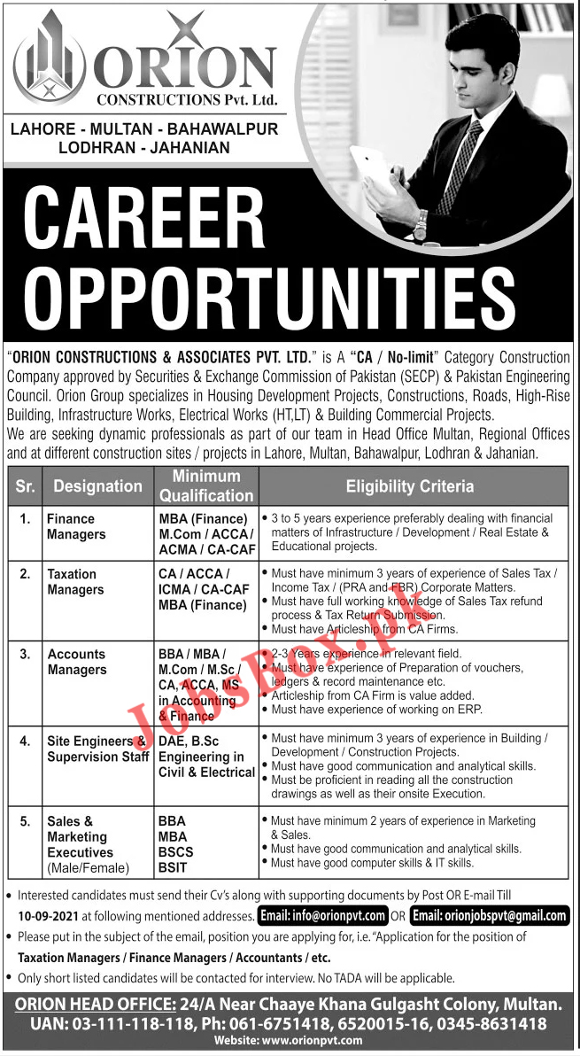 Orion Construction Private Limited Jobs 2021 - Apply Online