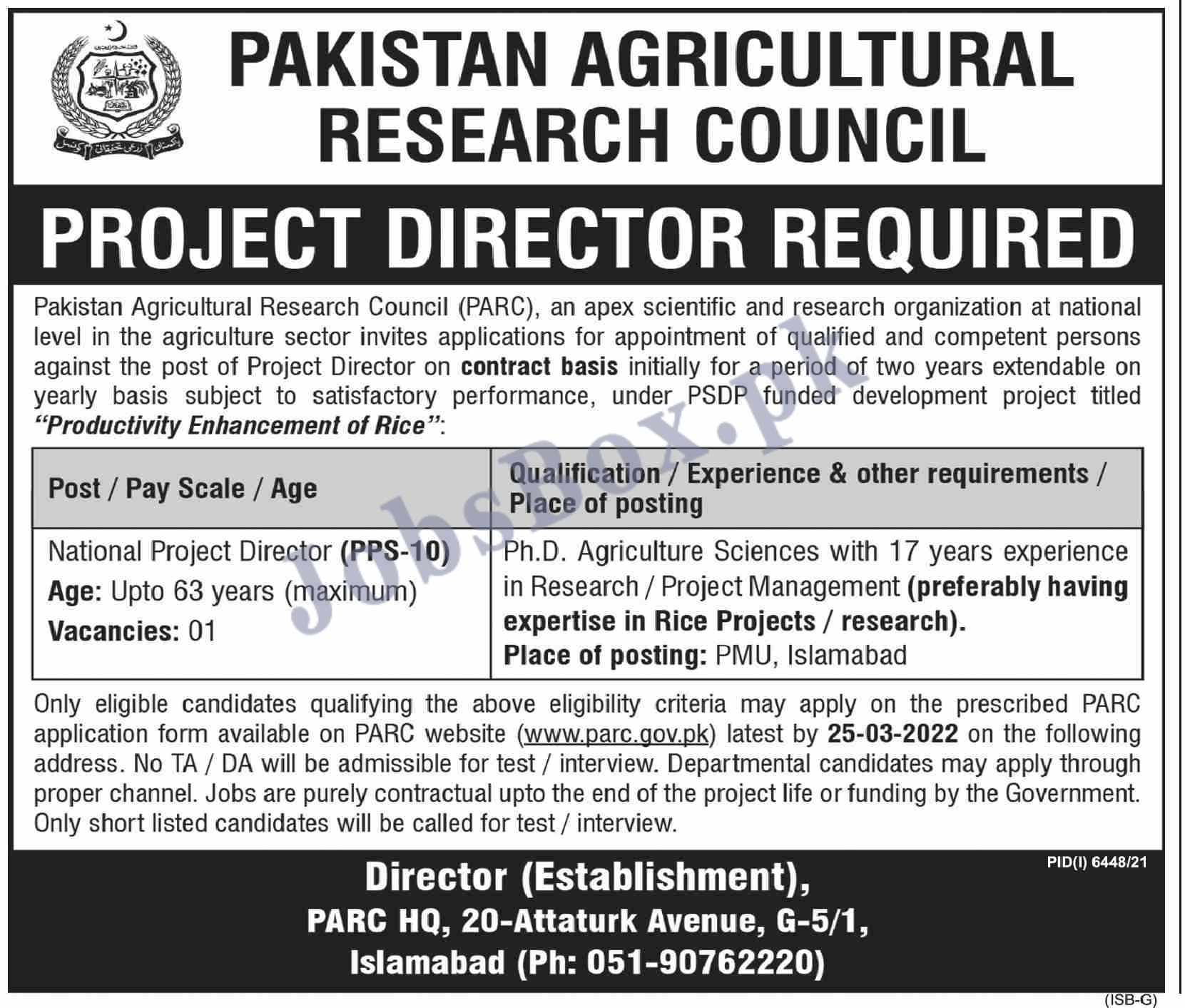 Pakistan Agricultural Research Council PARC Jobs 2022 - www.parc.gov.pk