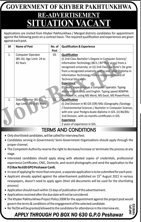 Public Sector Organization PO Box 630 Peshawar Jobs 2022