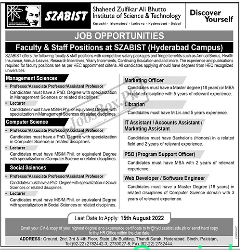 SZABIST Hyderabad Campus Jobs 2022 - Application Procedure