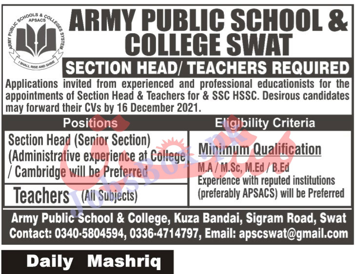 Teachers Jobs in Army Public School and College Swat Latest