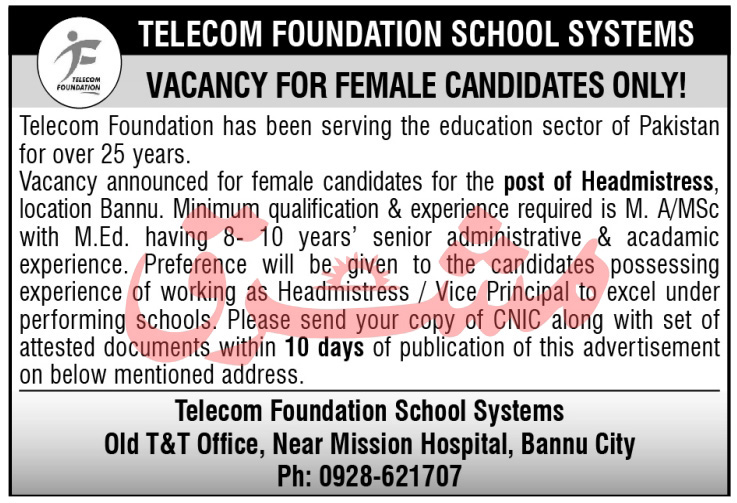 Telecom Foundation Headmistress Jobs