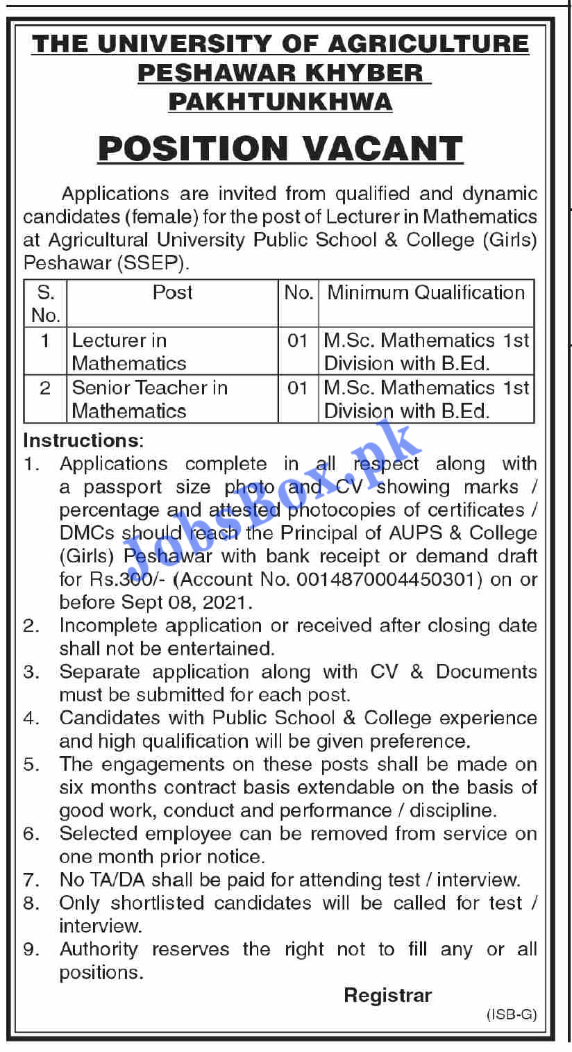 University of Agriculture Peshawar Jobs 2021 - Teaching Faculty Required