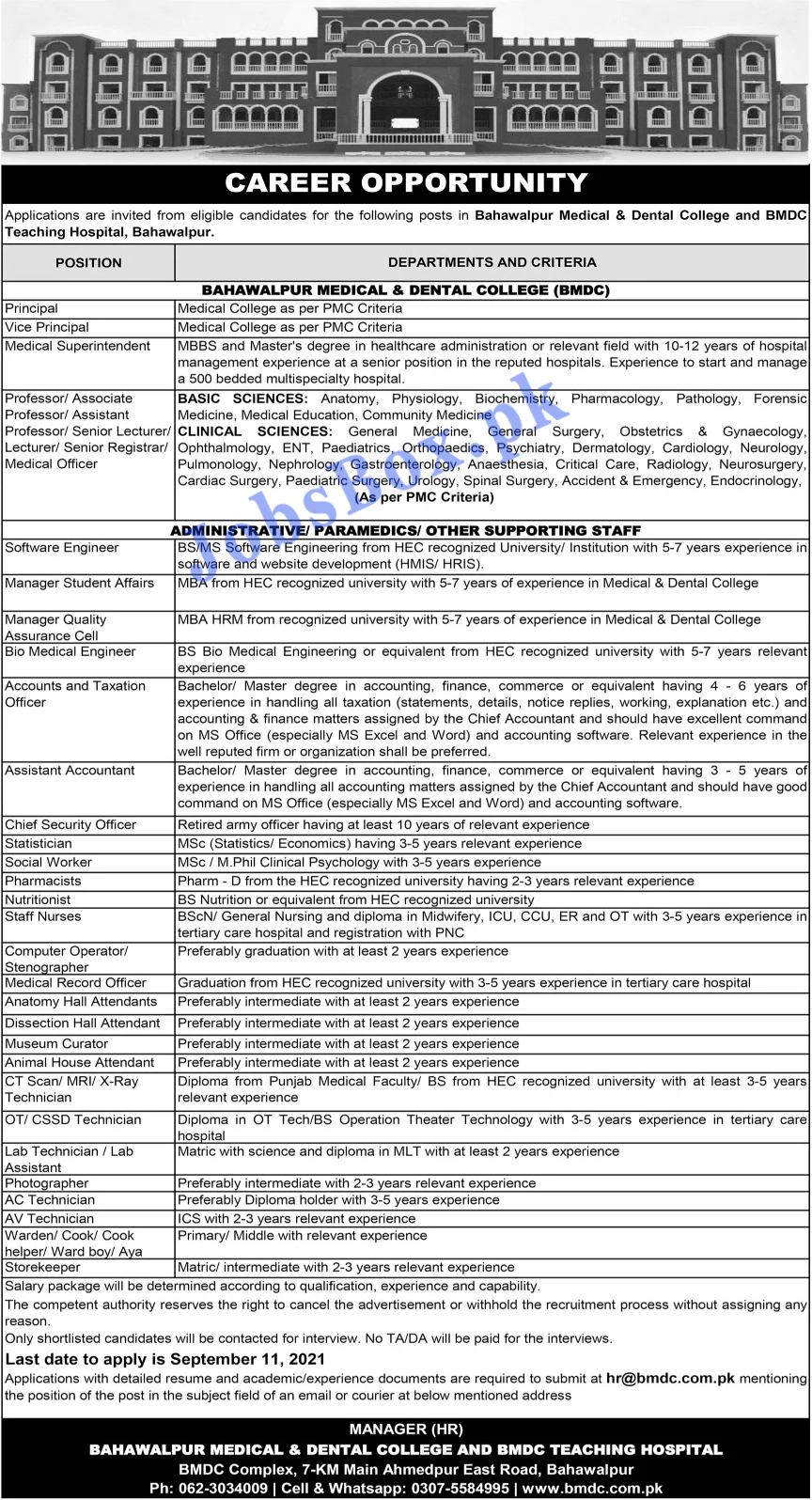 Bahawalpur Medical and Dental College BMDC Jobs 2021