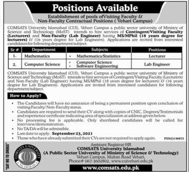 COMSATS University Vehari Campus Jobs 2021