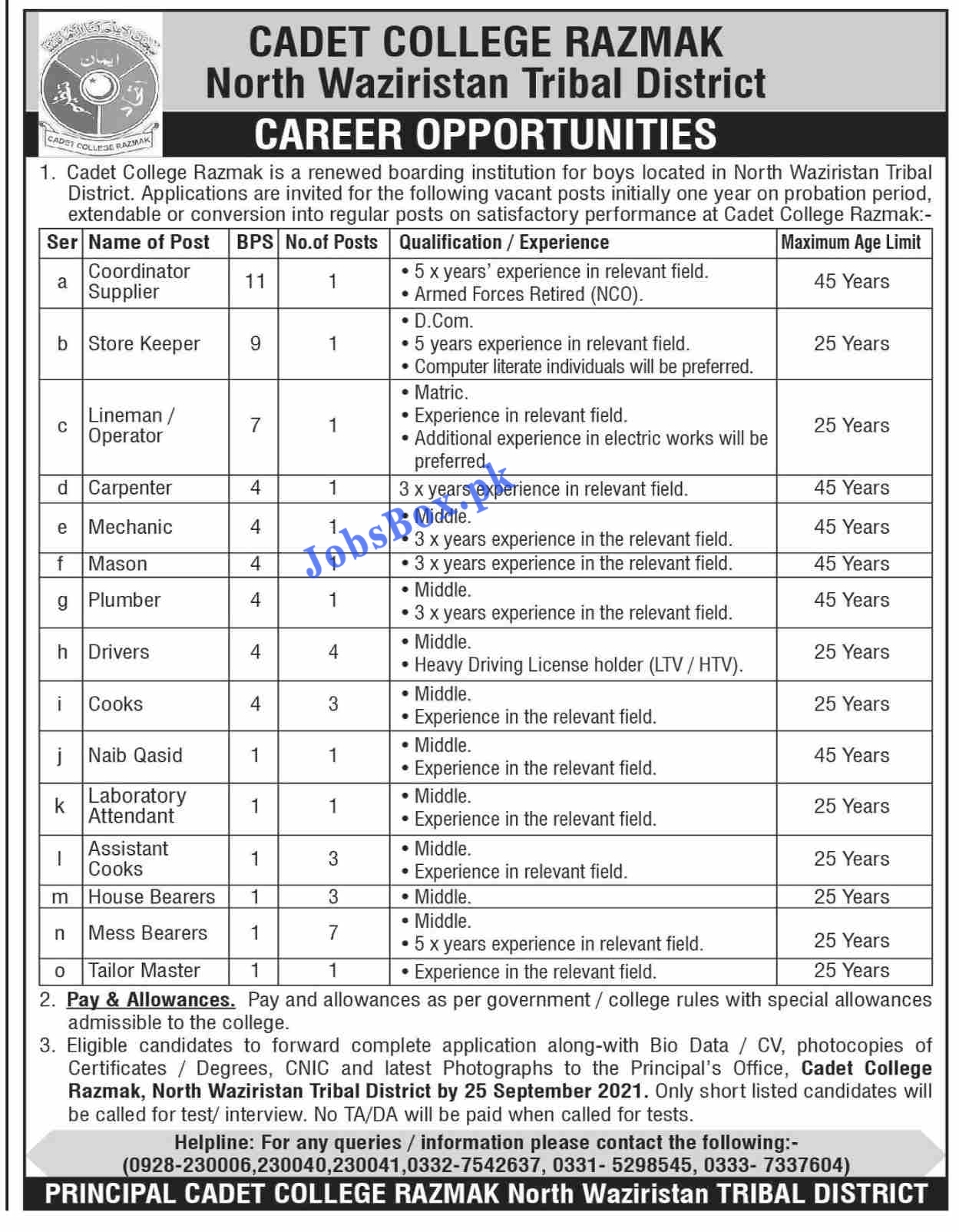 Cadet College Razmak North Waziristan Jobs 2021