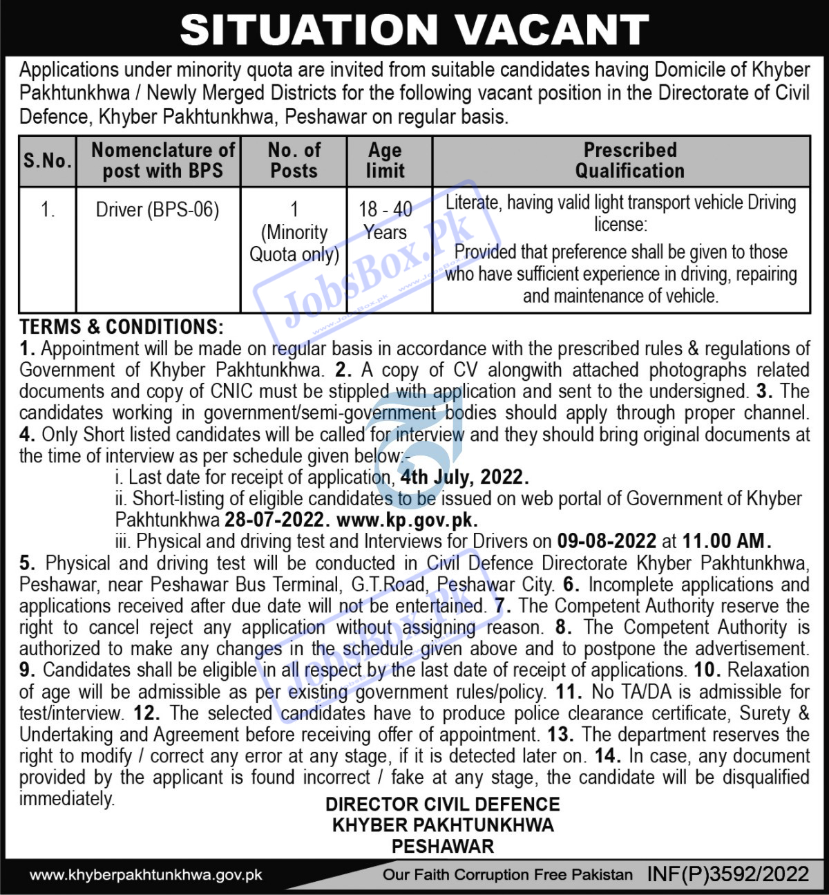 Directorate of Civil Defence Khyber Pakhtunkhwa Jobs 2022 for Driver