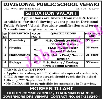Divisional Public School Vehari Jobs 2021 - Teaching Jobs