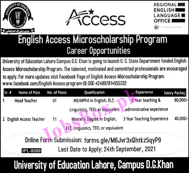 Enlgish Access Program Jobs in University of Education Lahore