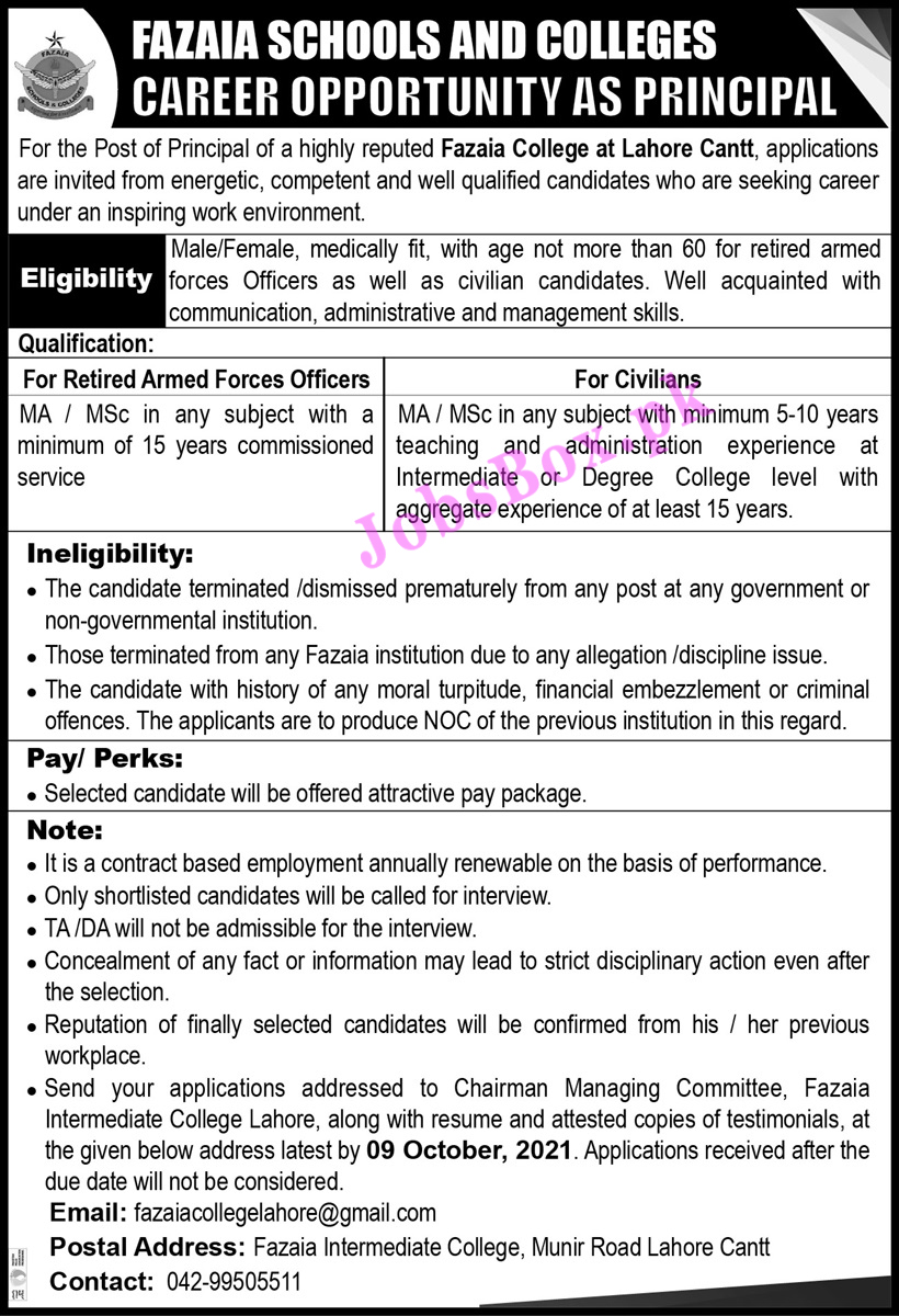 Fazaia Schools and Colleges Jobs 2021 All Advertisements
